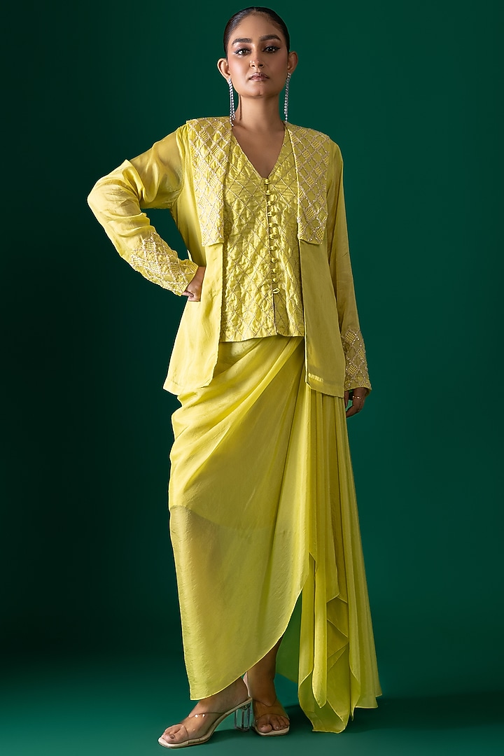 Yellow Habutai Silk Draped Skirt Set by Shristi Chetani at Pernia's Pop Up Shop