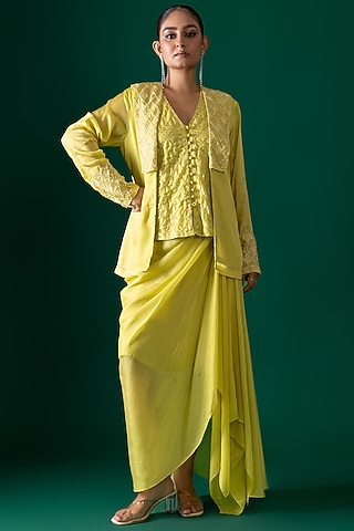 Yellow Habutai Silk Draped Skirt Set by Shristi Chetani