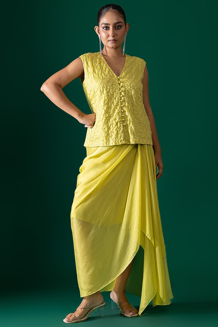 Yellow Habutai Silk Draped Skirt Set by Shristi Chetani at Pernia's Pop Up Shop