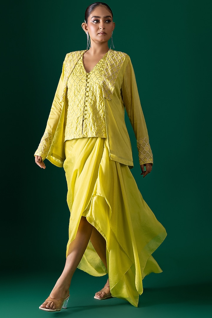 Yellow Habutai Silk Draped Skirt Set by Shristi Chetani at Pernia's Pop Up Shop