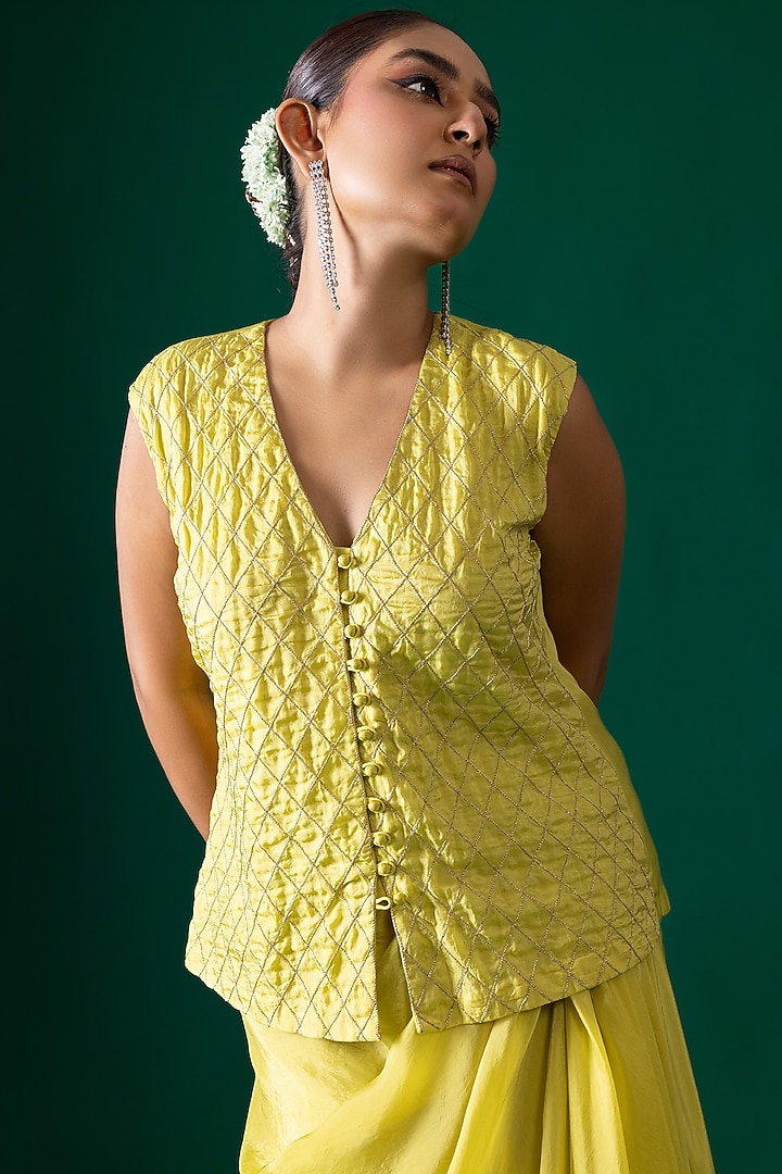 Yellow Habutai Silk Draped Skirt Set by Shristi Chetani at Pernia's Pop Up Shop