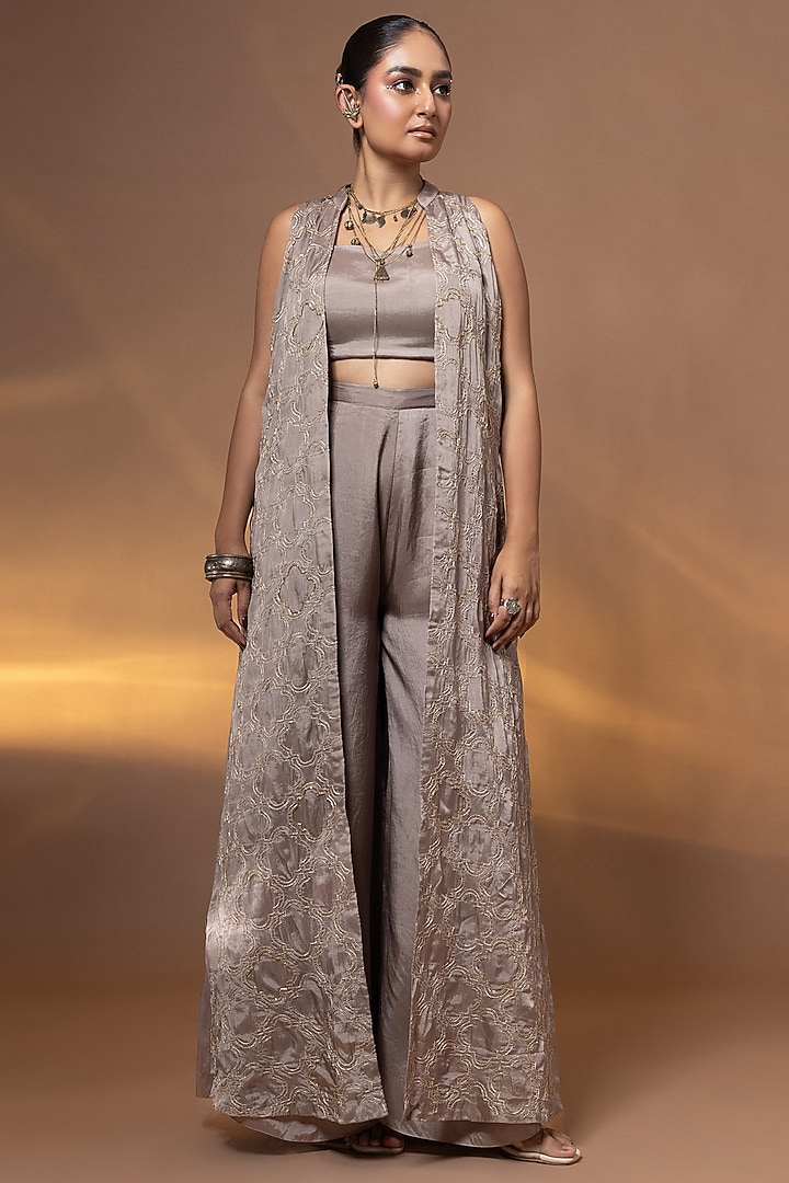 Mauve Habutai Silk Mirror Embroidered Jacket Set by Shristi Chetani at Pernia's Pop Up Shop