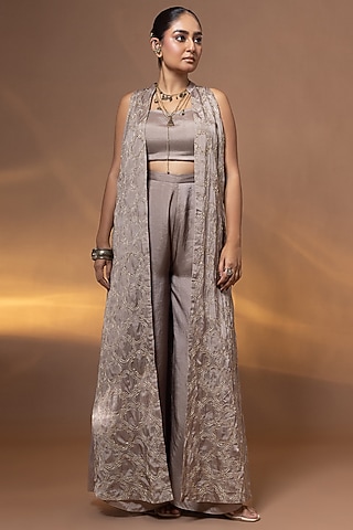 Mauve Habutai Silk Mirror Embroidered Jacket Set by Shristi Chetani