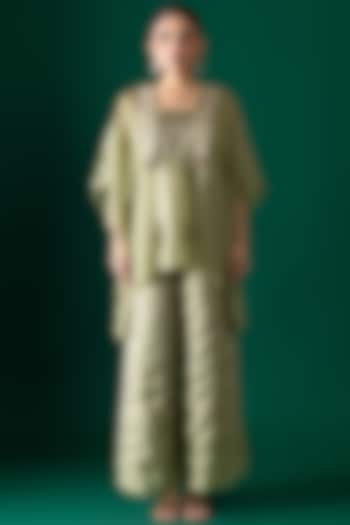 Green Habutai Silk Mirror Embroidered Kaftan Set by Shristi Chetani at Pernia's Pop Up Shop