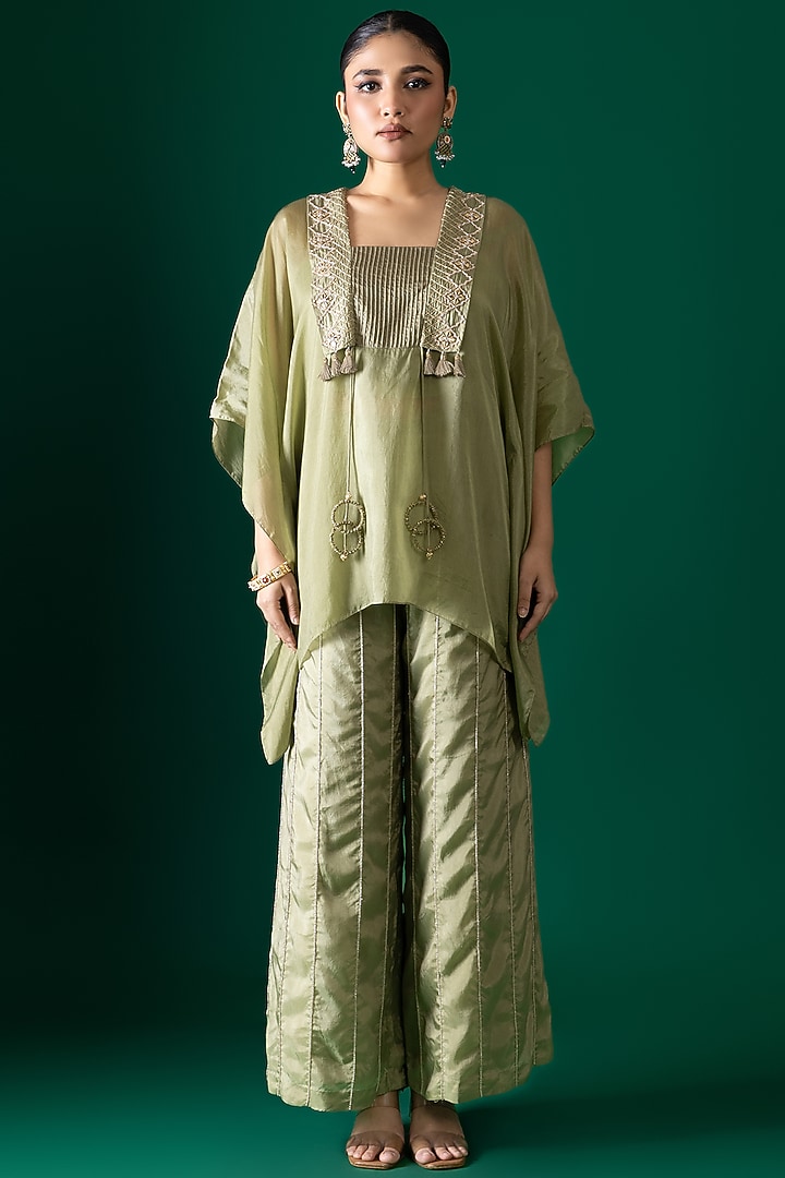 Green Habutai Silk Mirror Embroidered Kaftan Set by Shristi Chetani at Pernia's Pop Up Shop