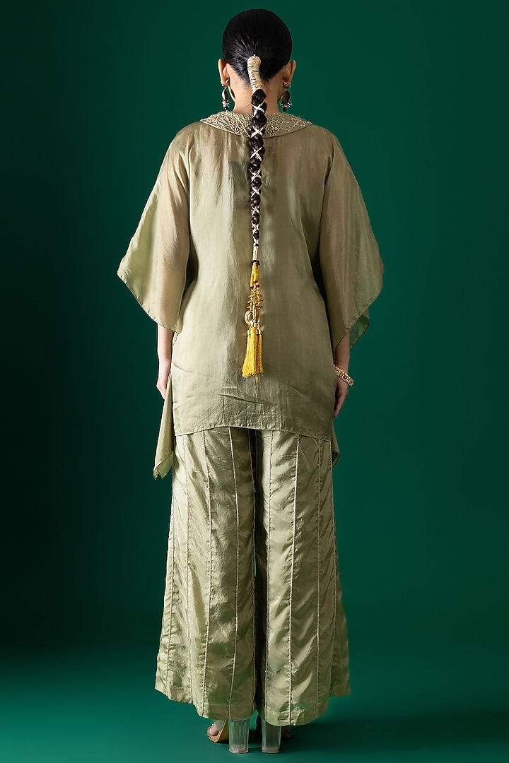 Green Habutai Silk Mirror Embroidered Kaftan Set by Shristi Chetani at Pernia's Pop Up Shop