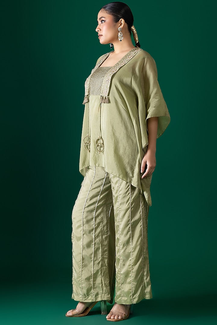 Green Habutai Silk Mirror Embroidered Kaftan Set by Shristi Chetani at Pernia's Pop Up Shop