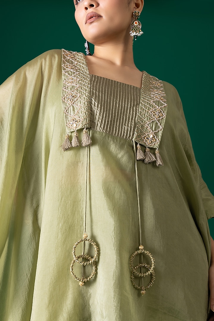 Green Habutai Silk Mirror Embroidered Kaftan Set by Shristi Chetani at Pernia's Pop Up Shop