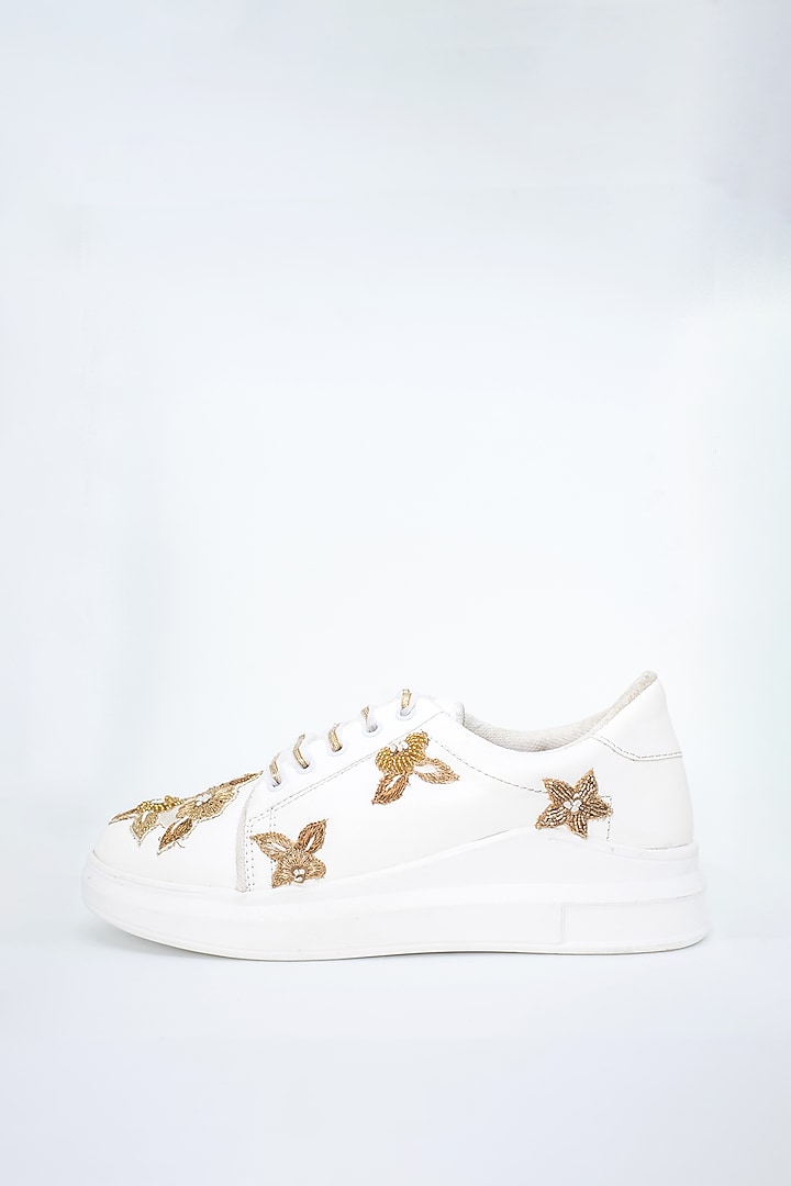 White Sequins & Zari Detailed Sneakers by Saree Sneakers