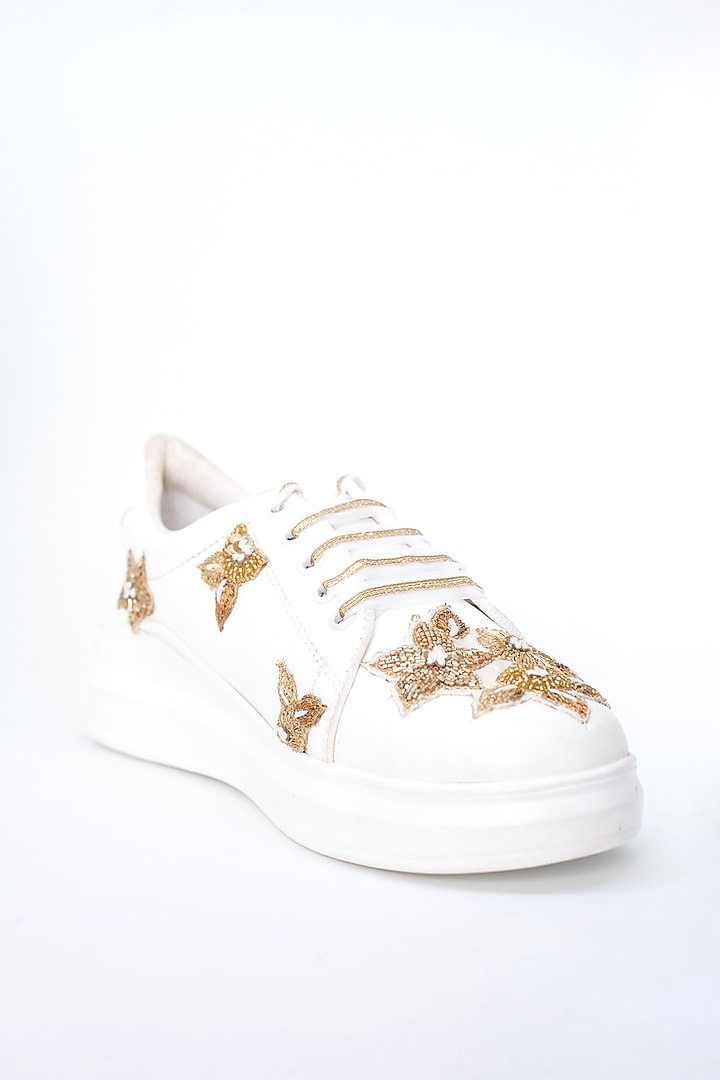 White Sequins & Zari Detailed Sneakers by Saree Sneakers at Pernia's Pop Up Shop