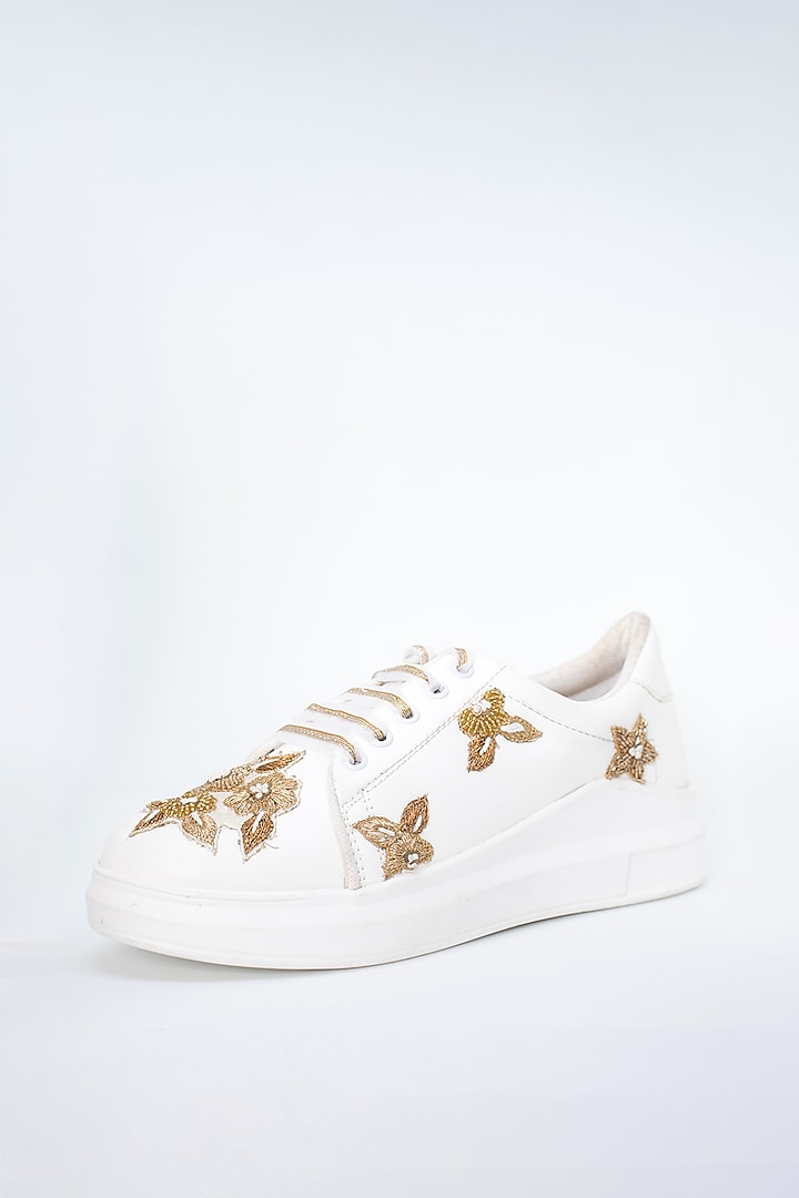 White Sequins & Zari Detailed Sneakers by Saree Sneakers at Pernia's Pop Up Shop