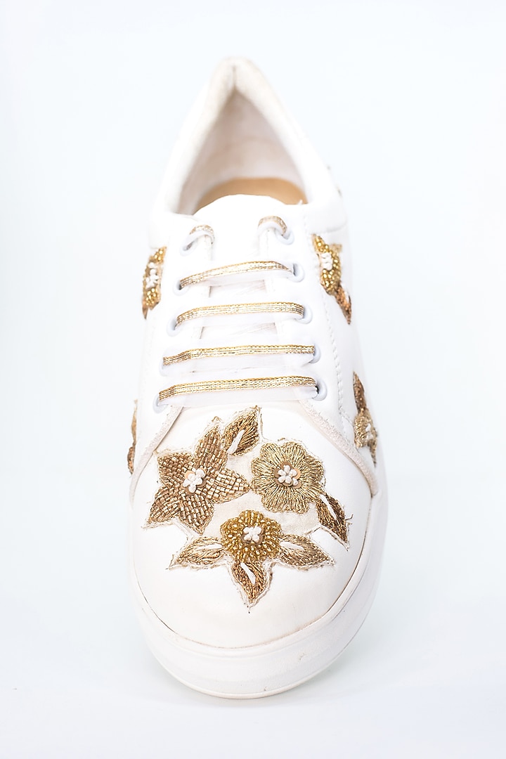 White Sequins & Zari Detailed Sneakers by Saree Sneakers at Pernia's Pop Up Shop