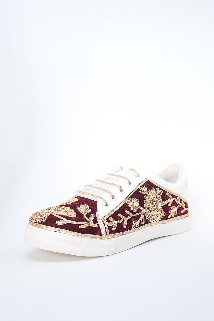 Maroon Gota Detailed Sneakers by Saree Sneakers at Pernia's Pop Up Shop