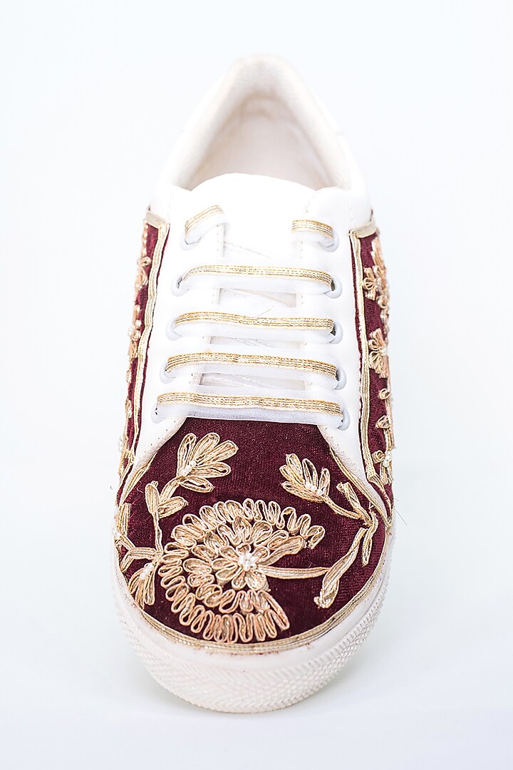 Maroon Gota Detailed Sneakers by Saree Sneakers at Pernia's Pop Up Shop
