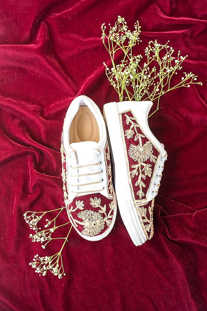 Maroon Gota Detailed Sneakers by Saree Sneakers at Pernia's Pop Up Shop