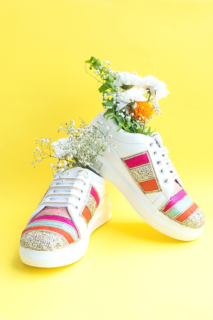 Multicolored Gota Detailed Sneakers by Saree Sneakers at Pernia's Pop Up Shop