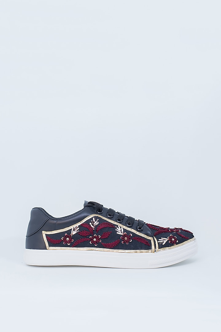 Black & Maroon Embroidered Sneakers by Saree Sneakers