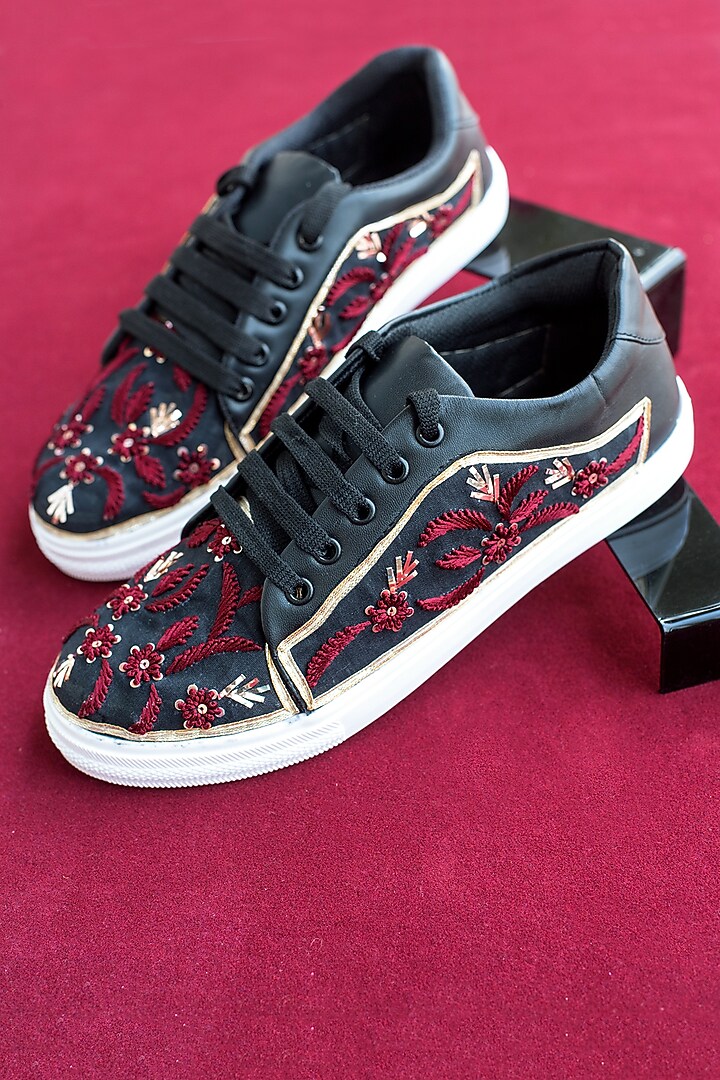 Black & Maroon Embroidered Sneakers by Saree Sneakers at Pernia's Pop Up Shop