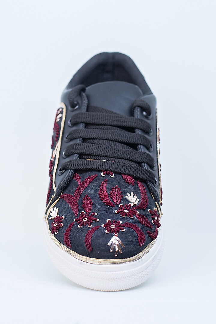 Black & Maroon Embroidered Sneakers by Saree Sneakers at Pernia's Pop Up Shop