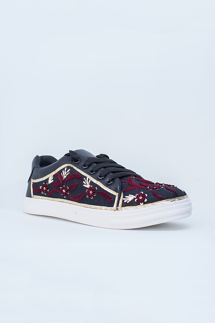 Black & Maroon Embroidered Sneakers by Saree Sneakers at Pernia's Pop Up Shop