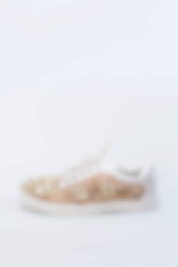 Nude & Pearl White Embroidered Sneakers by Saree Sneakers at Pernia's Pop Up Shop