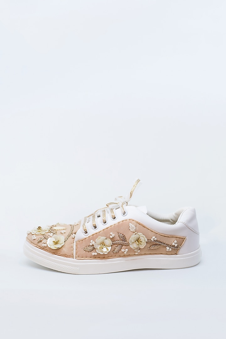 Nude & Pearl White Embroidered Sneakers by Saree Sneakers