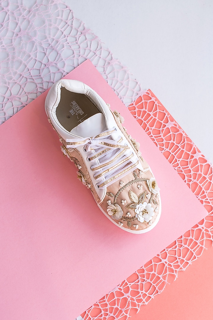 Nude & Pearl White Embroidered Sneakers by Saree Sneakers at Pernia's Pop Up Shop