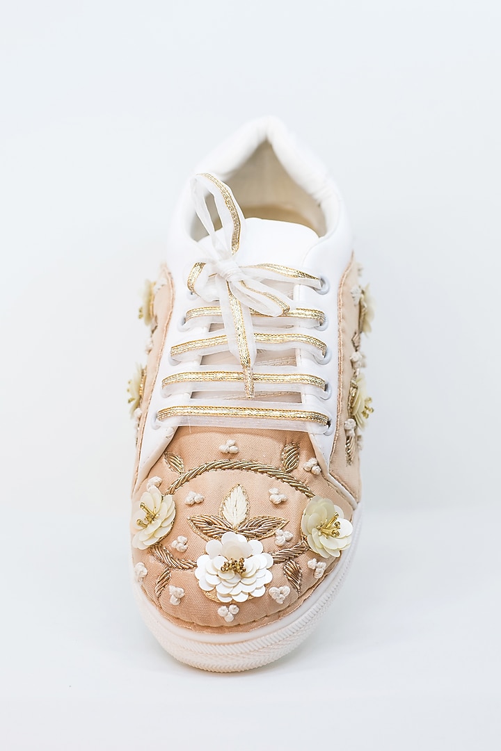 Nude & Pearl White Embroidered Sneakers by Saree Sneakers at Pernia's Pop Up Shop