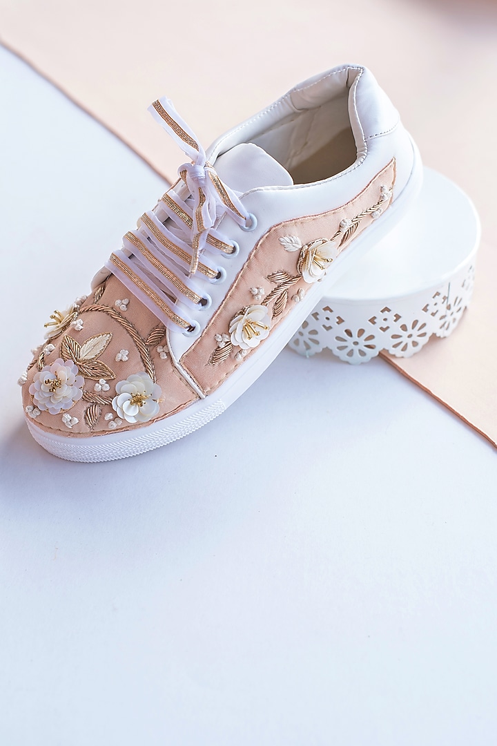 Nude & Pearl White Embroidered Sneakers by Saree Sneakers at Pernia's Pop Up Shop
