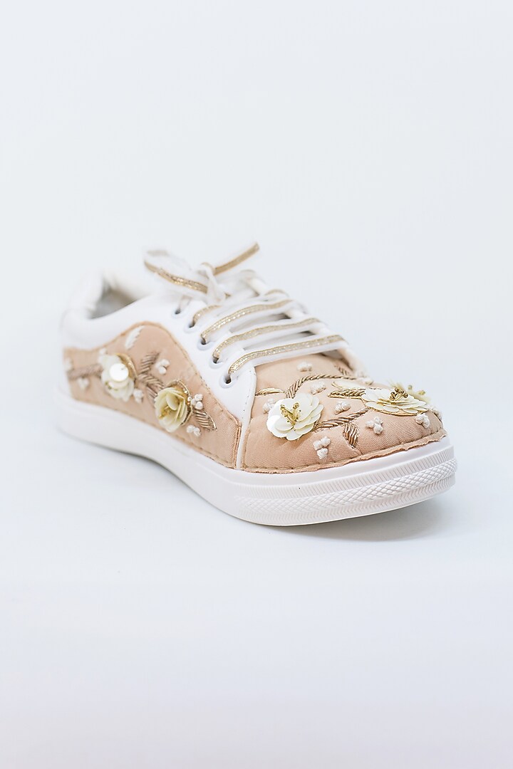Nude & Pearl White Embroidered Sneakers by Saree Sneakers at Pernia's Pop Up Shop