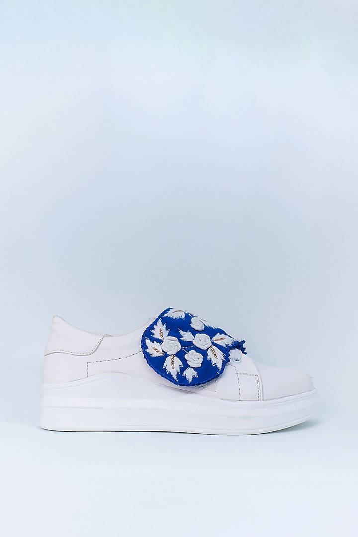 White & Blue Non-Leather Rexine Sneakers by Saree Sneakers at Pernia's Pop Up Shop