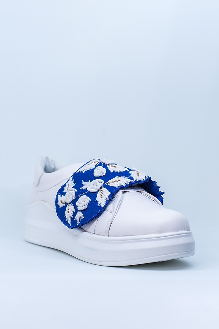 White & Blue Non-Leather Rexine Sneakers by Saree Sneakers at Pernia's Pop Up Shop