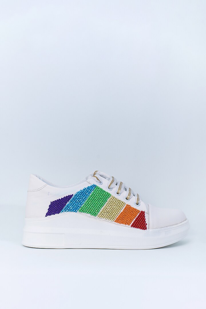 White Non-Leather Rexine Sneakers by Saree Sneakers at Pernia's Pop Up Shop