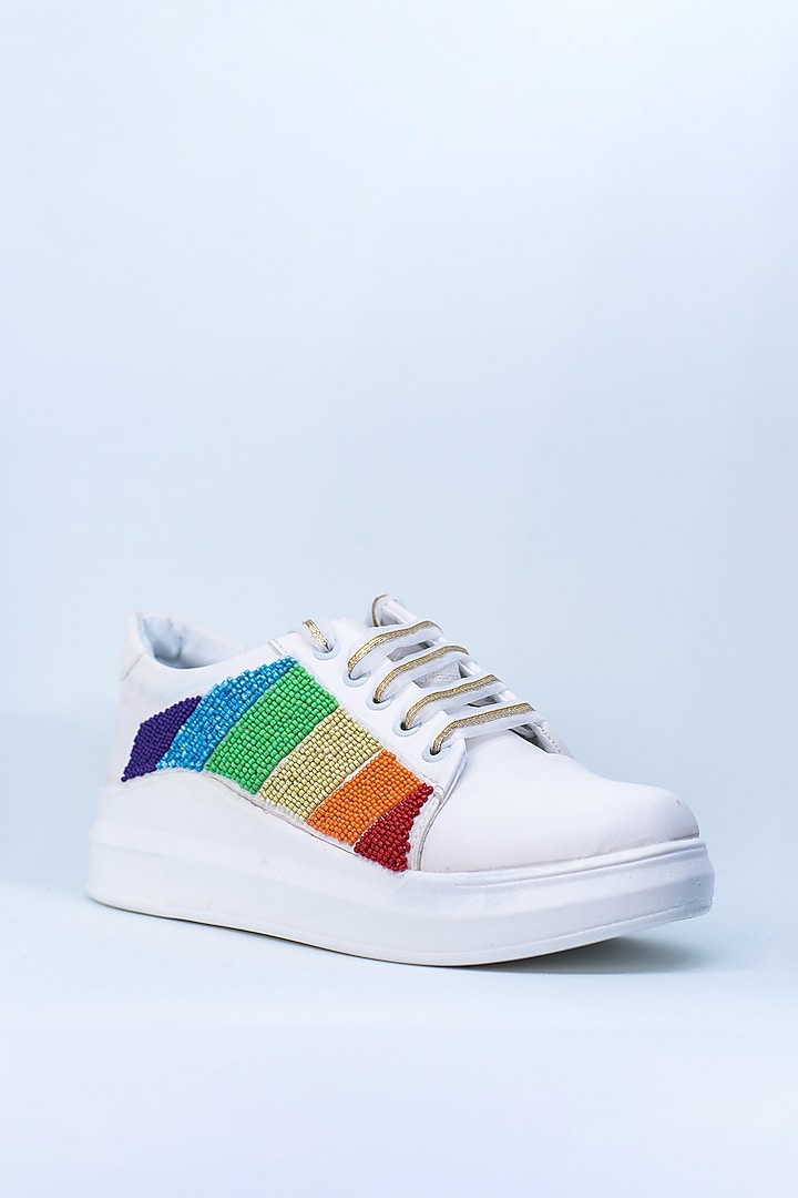 White Non-Leather Rexine Sneakers by Saree Sneakers at Pernia's Pop Up Shop