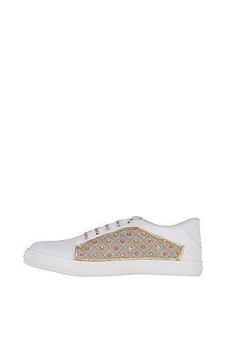 Grey Sequins Embroidered Sneakers by Saree Sneakers