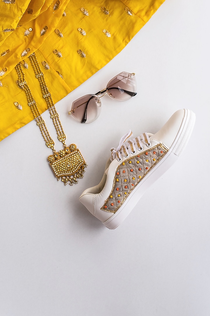 Grey Sequins Embroidered Sneakers by Saree Sneakers at Pernia's Pop Up Shop