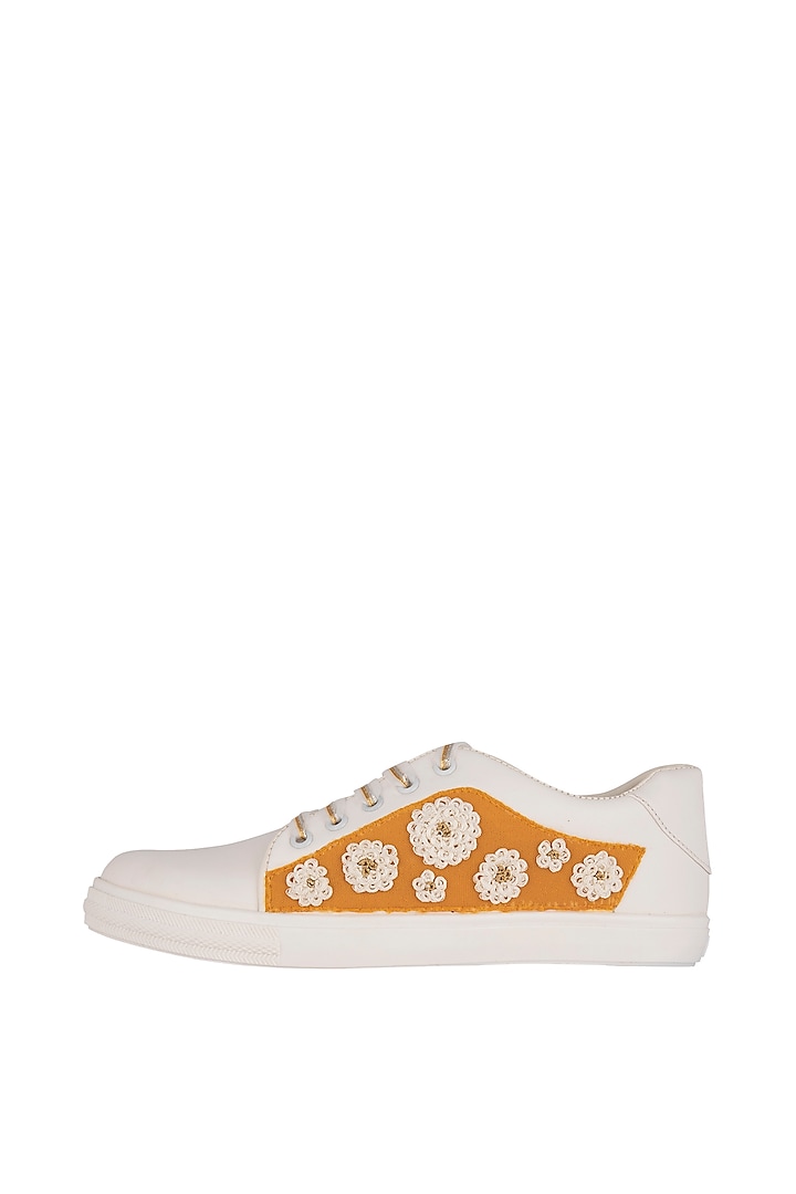 Haldi Yellow Embroidered Sneakers by Saree Sneakers at Pernia's Pop Up Shop