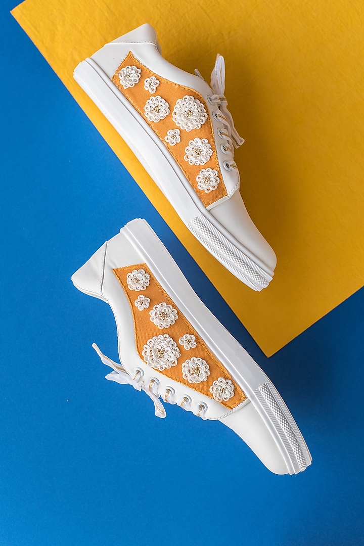 Haldi Yellow Embroidered Sneakers by Saree Sneakers at Pernia's Pop Up Shop