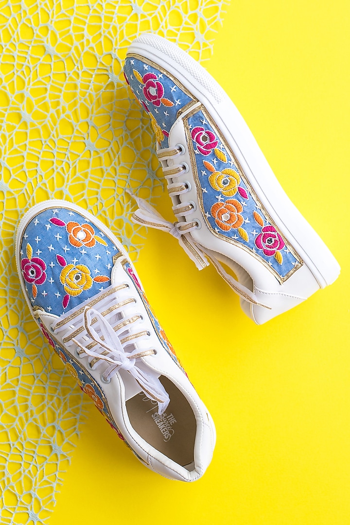 Blue Floral Embroidered Sneakers by Saree Sneakers at Pernia's Pop Up Shop