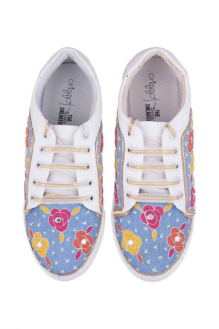 Blue Floral Embroidered Sneakers by Saree Sneakers at Pernia's Pop Up Shop