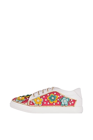 Pataka Pink Floral Embroidered Sneakers by Saree Sneakers