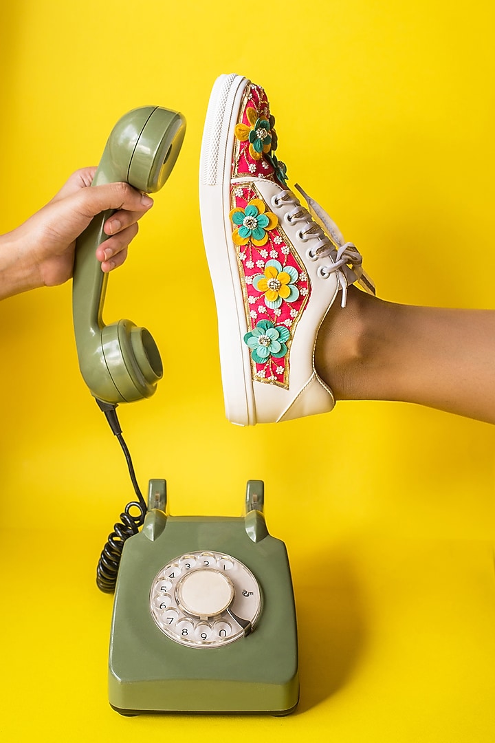 Pataka Pink Floral Embroidered Sneakers by Saree Sneakers at Pernia's Pop Up Shop