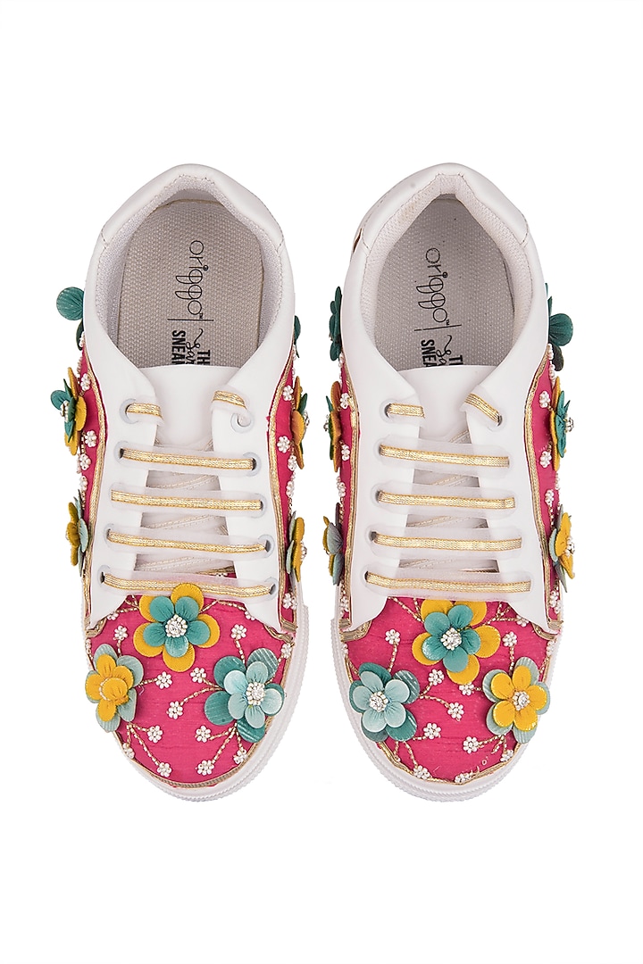 Pataka Pink Floral Embroidered Sneakers by Saree Sneakers at Pernia's Pop Up Shop
