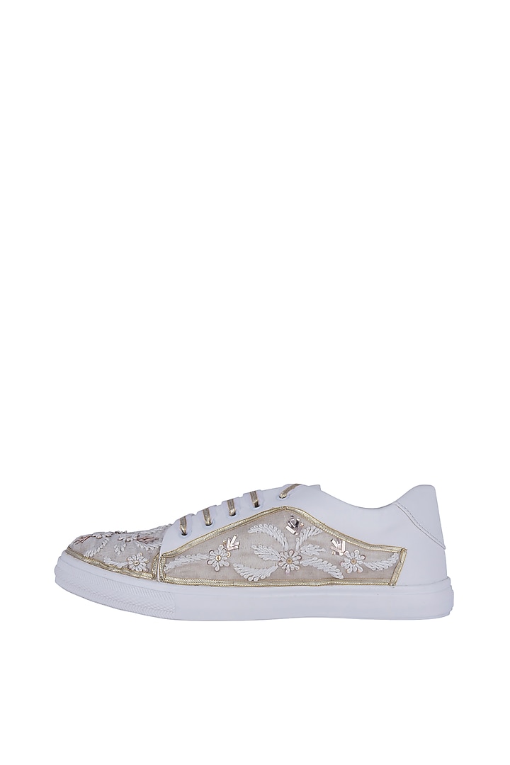 White Zari Embroidered Sneakers by Saree Sneakers