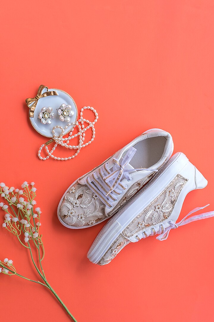 White Zari Embroidered Sneakers by Saree Sneakers at Pernia's Pop Up Shop