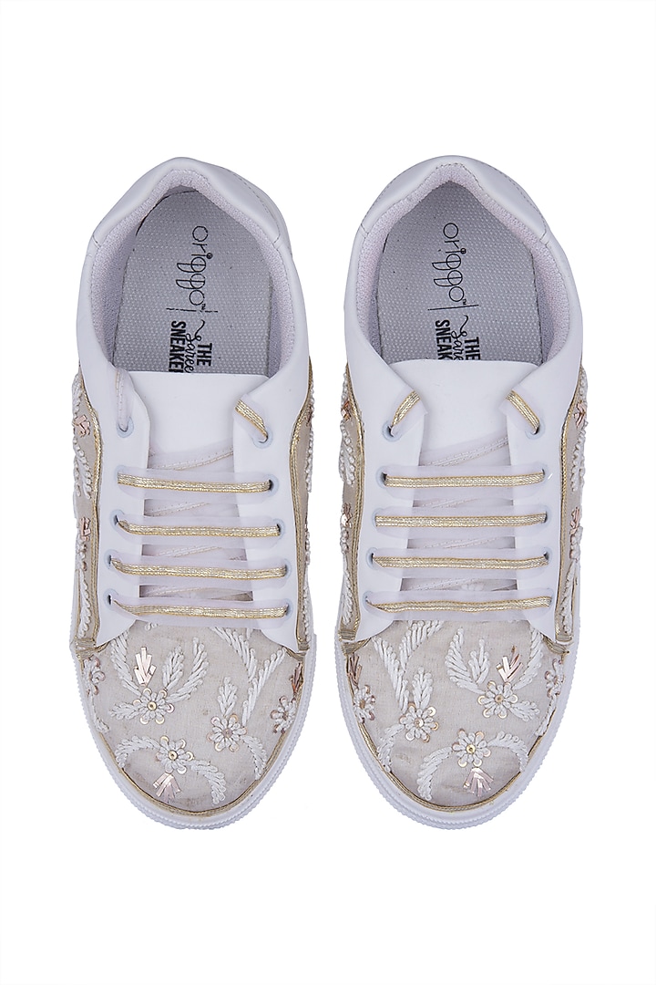 White Zari Embroidered Sneakers by Saree Sneakers at Pernia's Pop Up Shop