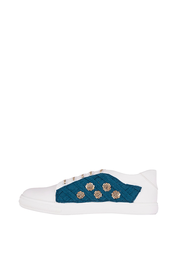 Blue Sequins Embroidered Sneakers by Saree Sneakers