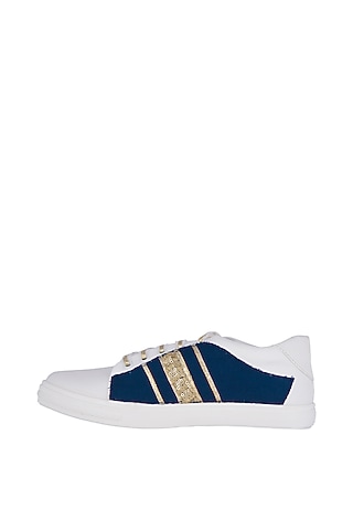 Blue Denim Embroidered Sneakers by Saree Sneakers