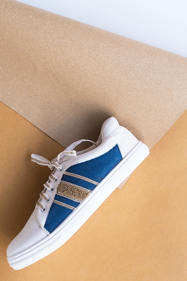 Blue Denim Embroidered Sneakers by Saree Sneakers at Pernia's Pop Up Shop