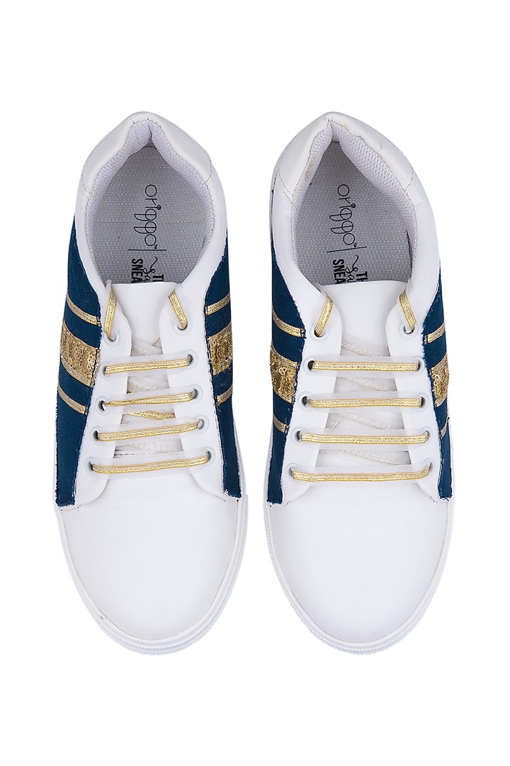 Blue Denim Embroidered Sneakers by Saree Sneakers at Pernia's Pop Up Shop